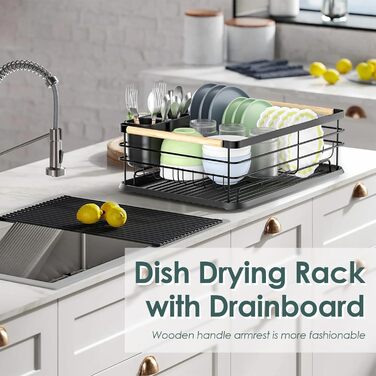 Сушарка для посуду Dreamhigh® з піддоном та контейнером для столових приборів, чорна, 43x30.5x14 см, для 3-5 осіб