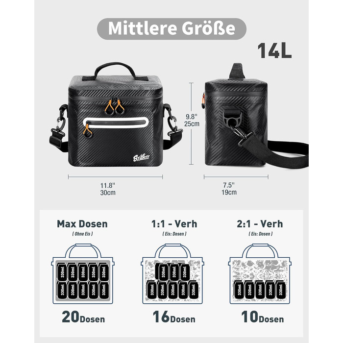 Сумка-холодильник 14л ізольована водонепроникна Carbon-Schwarz для кемпінгу, пікніка, пляжу та грилю. Термоізоляція, міцна та герметична.