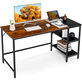 Письмовий стіл COSTWAY довжиною 140 см, комп'ютерний стіл з полицями, офісний стіл зі з'єднувальною пластиною, великий стіл для ПК Робочий стіл для офісу, дім чорний і сільський коричневий