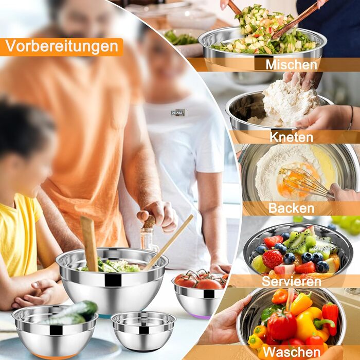 Набір мисок Onader з нержавіючої сталі: салатники з кришкою та 3 терками для кухні. Об'єм: 4л, 2.8л, 2.5л, 1л, 1.2л, 0.7л. Складається з 6 мисок, можна складати та мити в посудомийній машині.