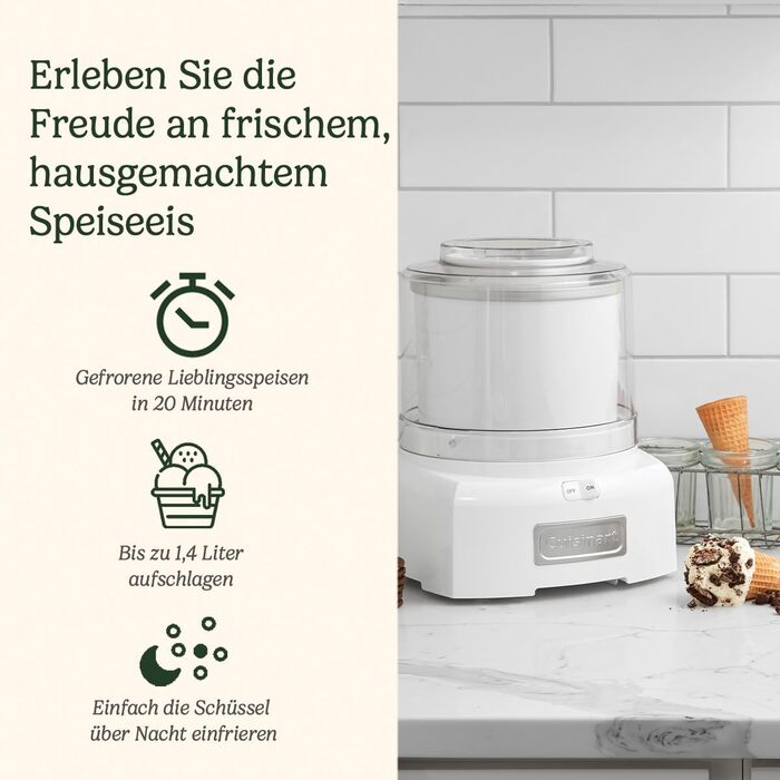 Морожениця CUISINART ICE21 для домашнього морозива, джелато, сорбету, йогурту, 1.4 л, пластик, біла, сімейна