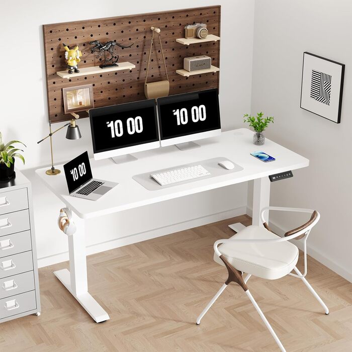 Електричний стіл 140x60 см, регулювання висоти, комп'ютерний стіл, без швів, білий