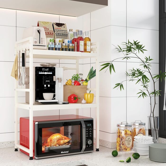 Регульована полиця для мікрохвильової печі, розширювана стійка-організатор для кухні, міцна з вуглецевої сталі, з 8 гачками (3-рівні, білий)