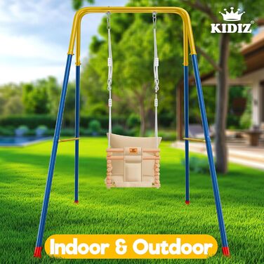 Дитячий гойдалка-колиска KIDIZ® для немовлят від 6 місяців та малюків до 3+ років (Бежевий) - дерев'яна, з регульованою висотою та м'якою подушкою, для дому та вулиці