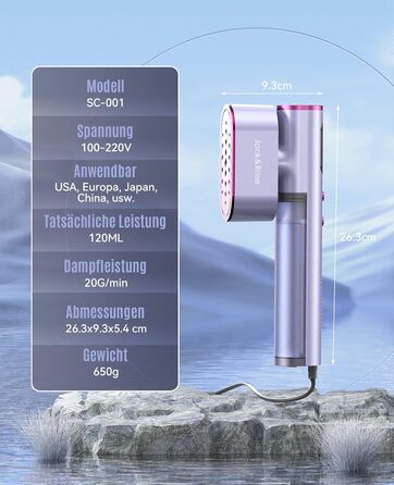 Jack & Rose Дампфглеттер: Портативний праска-парогенератор для подорожей, 1000W, 110-240V, 2-в-1, Швидкий нагрів 15с, Violet