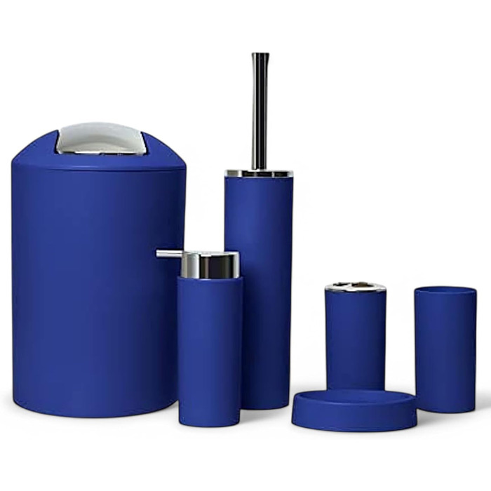 Набір аксесуарів для ванної кімнати 6tlg Badset: мильниця, стакан для зубних щіток, відро для косметики, щітка для унітазу з тримачем, мильниця, сміттєвий бак, тримач для зубних щіток, повна ванна кімнатна комплектація (темно-синій дизайн 2a)