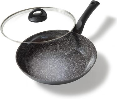 Сковорода STONELINE CERAMIC 24 см, зі скляною кришкою, підходить для індукції, антипригарне покриття без PFAS з частинками справжнього каменю, чорний