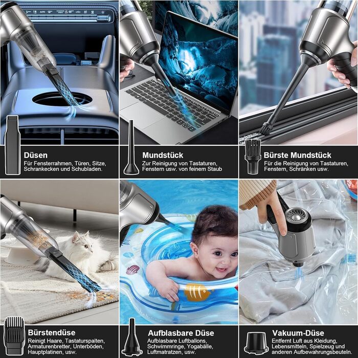 Акумуляторний ручний пилосос 18000Па 120Вт, портативний міні-пилосос для авто, дому та кухні, для вологого та сухого прибирання (шерсть тварин), чорний