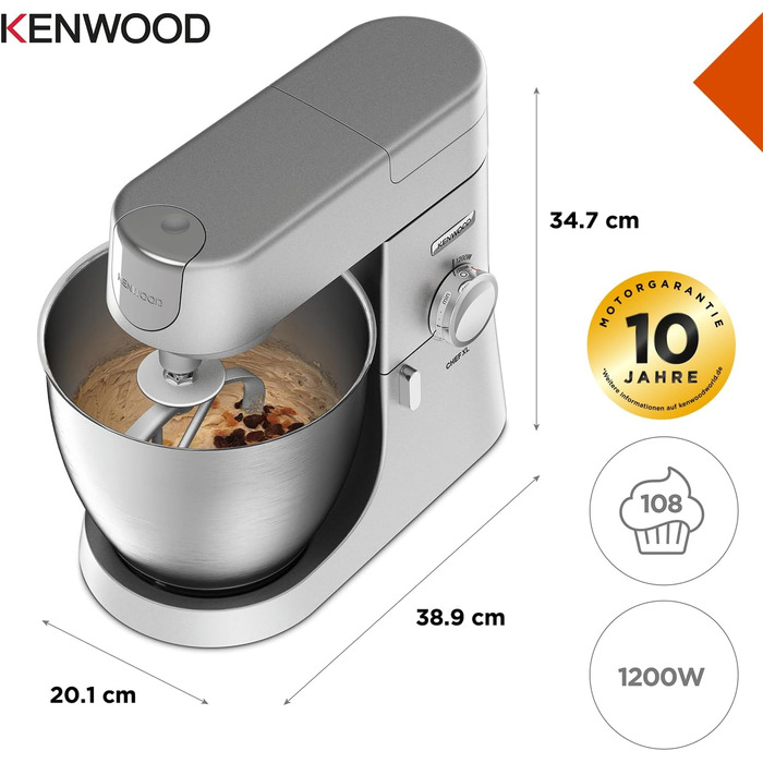 Кухонний комбайн Kenwood Chef XL KVL4100S з великою чашею 6.7 л з нержавіючої сталі, 1200 Вт, набір для випічки, срібний