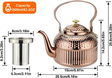 Чайник sanqiahome об'ємом 1,4 літра з нержавіючої сталі з фільтруючою вставкою, з ручкою для просіювання чаю, індукційний (кольору міді, 1800 мл)