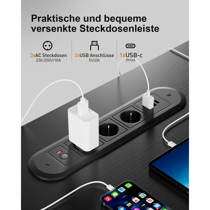 Регульований стіл з підняттям USB-портами та розеткою, 100 x 60 см. Електричний стіл, комп'ютерний стіл з пам'яттю 3-ох функцій, білий колір (чорний, 100 x 60 см)