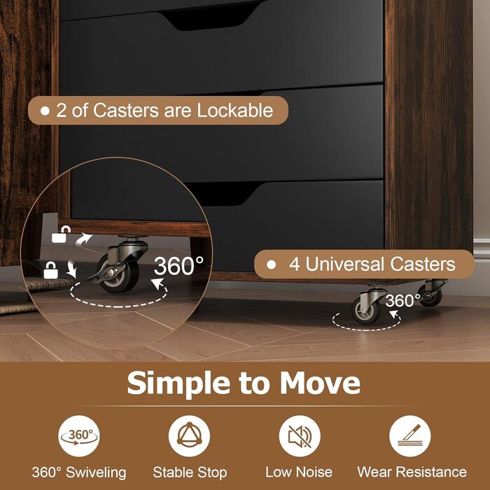 Роликовий контейнер GIANTEX з 5 висувними ящиками, комод на колесах під стіл, офісний шафчик для дому та офісу (білий, чорний + коричневий), 49 x 40 x 87 см