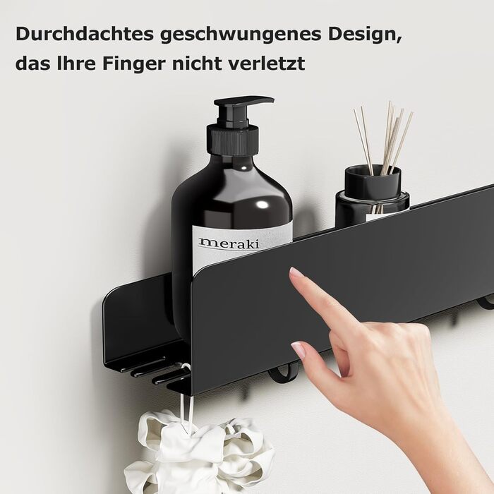 Поличка для душу Rekita без свердління, органайзер для ванної кімнати 40/60 см, нержавіюча сталь, 4 знімні гачки, тримач для шампуню, навісна поличка, полиця для ванної (Чорний)