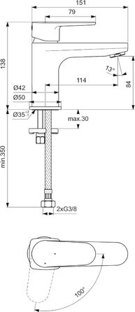 Змішувач для умивальника Ideal Standard Cerafine O без зливного переходу, H80мм, Bluestart, срібний