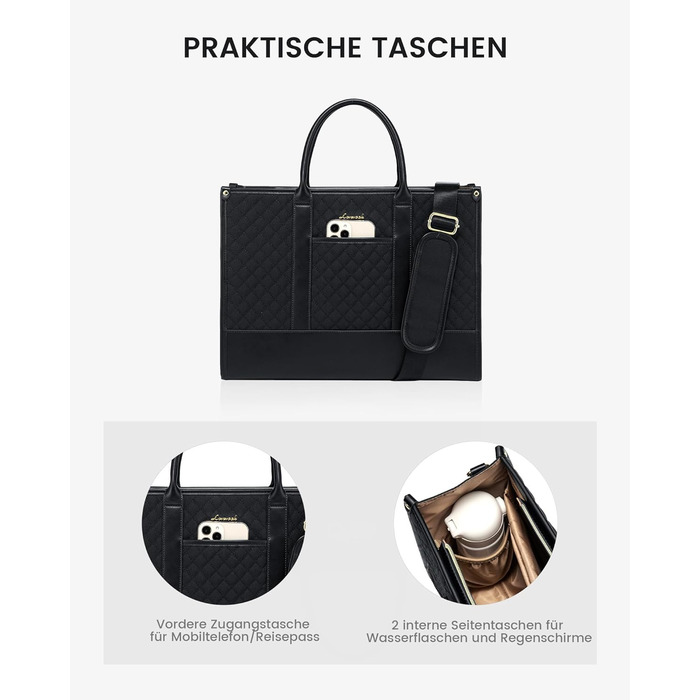 LOVEVOOK Сумка для ноутбука 15.6 дюймів, водонепроникна, для жінок, чорна, велика, ділова, шкіряна, для роботи, навчання, офісу, універсітету