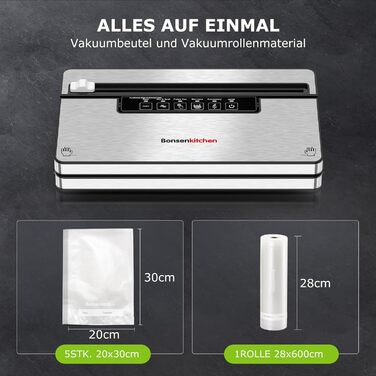Вакууматор Bonsenkitchen для продуктів, потужний вакуумний пакувальник з 5 режимами, 8 л/хв, сріблястий (комплект: 5 пакетів та 1 рулон)