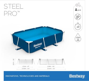 Каркасний басейн Bestway Steel Pro без насоса 300 х 201 х 66 см, синій, квадратний (259 х 61 см без аксесуарів темно-синій)