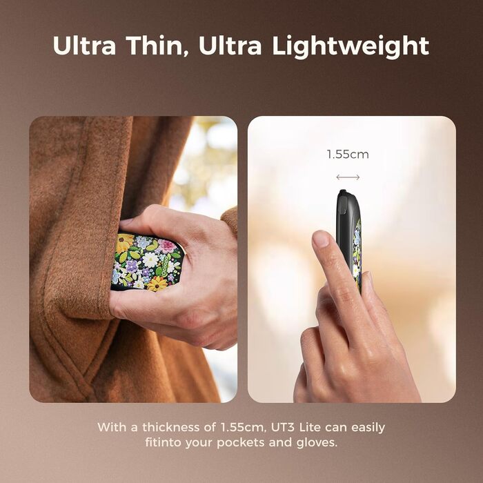 Електричні грілки для рук Ocoopa 2 шт. з магнітною основою, 5000mAh, 3 режими нагріву, компактні, для рукавичок, сумок, зимові аксесуари, подарунок для чоловіків та жінок (Lila_Weiß, Painted in Bloom (Ocoopa x Artist in Bloom)_Schwarz)