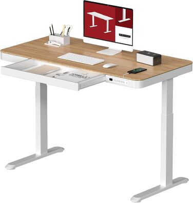 Електричний регульований стіл Sanodesk з ящиком, сенсорним керуванням та USB-портами, 120 x 60 см, білий стіл та рама, білий + білий (Ahorn + білий, 120 x 60 x (73.5-118) см)