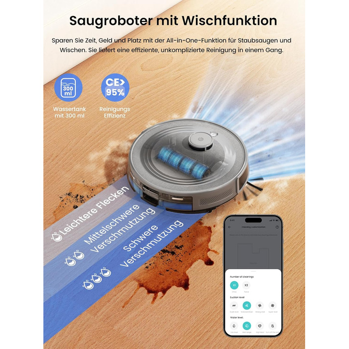 Робот-пилосос LEFANT M2 Plus з картографією, лазерною навігацією, 6000Pa, персоналізованим прибиранням, WiFi/App/Alexa, чорний (M2 Pro Grey)