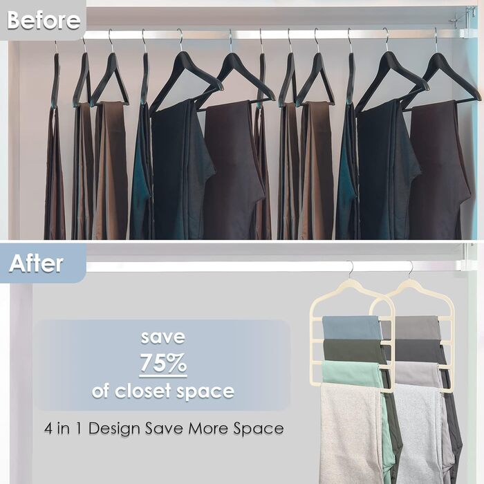 Набір з 6 вешалок для штанів DUDUCOFU з оксамитовим покриттям, ABS пластик, бежевий колір