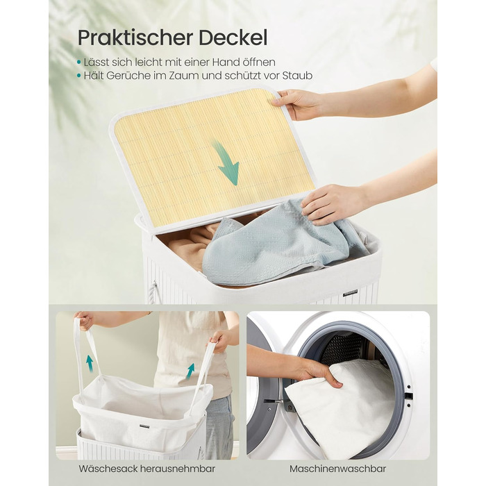 SONGMICS Кошик для білизни 95 л з кришкою, бамбук, з ручками, складний, знімний мішок для прання, для пральні, LCB060Y01 (95 л)