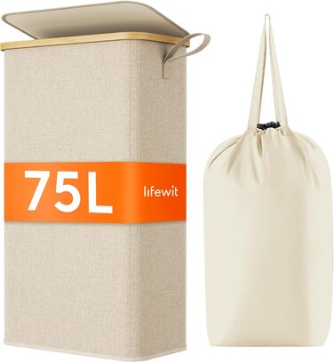 Кошик для білизни Lifewit з кришкою, вузький, складний, 75L, бамбук, з ручкою, для квартири, гуртожитку, кемпінгу (Бежевий)