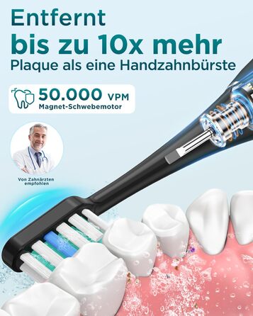 Електрична зубна щітка для дорослих і дітей - звукова, 8 насадок (3 типи), 90 днів роботи, 5 режимів, 50000VPM, кейс для подорожей, таймер, чорна