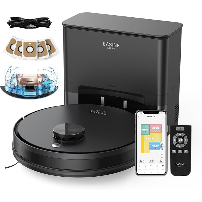 Робот-пилосос з функцією миття підлоги, автоматична станція самоочищення, лазерна навігація, зони заборони, 5000Pa, 5*2.5L мішки для пилу, 180 хвилин роботи, керування через додаток, для твердих підлог, килимів та шерсті тварин, S20