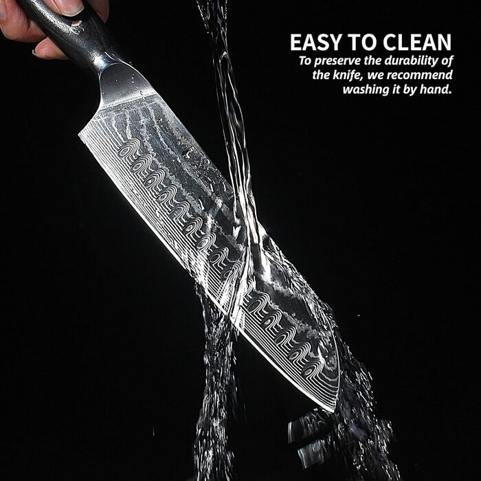 Дамаскенський сантоку 18 см - професійний ніж для кухні з дерев'яною ручкою, високовуглецева сталь, VG10, нержавіюча сталь