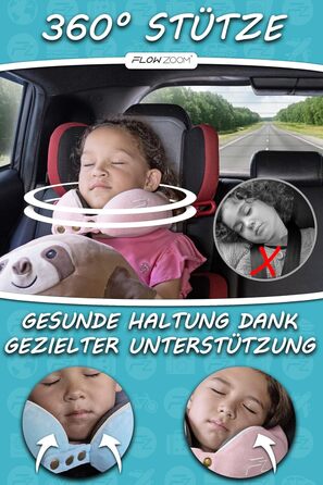 Подушка для шиї FLOWZOOM Comfy - для подорожей (літак, авто) - Memory Foam, регульована, 360° підтримка, дихаючий чохол, чорний (4.2. Comfy Kids S - Рожевий)