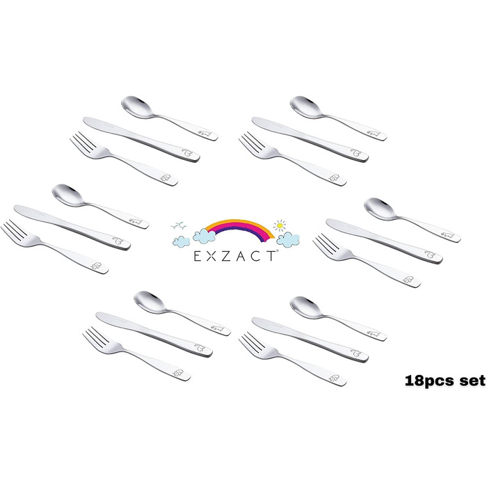 Дитячий набір столових приборів EXZACT Kinderbesteck 18 предметів з нержавіючої сталі - для дітей від 2 років - безпечні ножі, миючі в посудомийній машині, з гравіюванням (динозаври)
