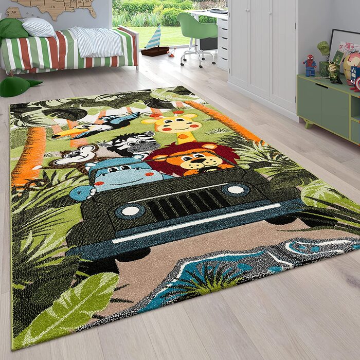 Дитячий килимок Paco Home для дитячої кімнати для хлопчиків з коротким ворсом у вигляді тварин і джунглів, розмір колір (80 х 150 см, зелений 6)