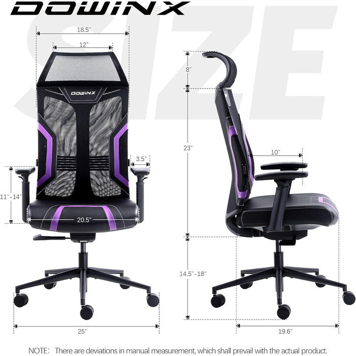 Ігровий крісло Dowinx з 3D підлокітниками, офісне крісло, ергономічне, з функцією гойдання, шкіряне, поворотне, для офісу та дому, чорний, сірий (чорний, фіолетовий)