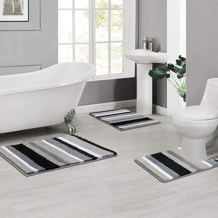 Набір килимків для ванної кімнати Pauwer: 3 шт. з мікрофібри, антиковзаючі, швидковисихаючі, для душу, ванни та туалету (Чорний). Розміри: 50x80 см + 45x65 см + 50x60 см