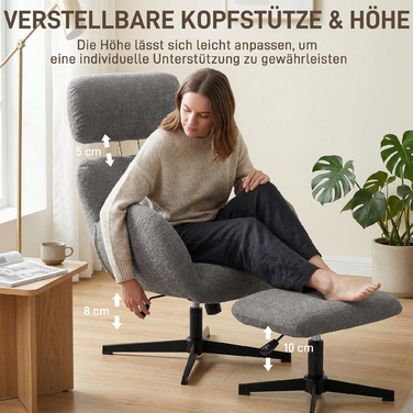 Обертовий крісло з пуфом, регульоване крісло-акцент з регульованою підголівкою, функція гойдання, сірий колір