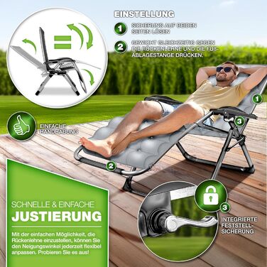 Шезлонг складний Tillvex® до 200 кг | Садовий лежак для відпочинку на балконі, терасі та у саду | З товстим матрацом, регульований, з подушкою для шиї (сірий)