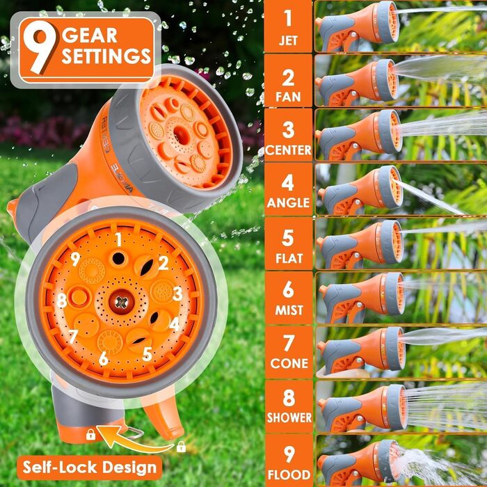 Шланговий барабан з шлангом для саду, настінний, поворотний на 180°, автоматичне змотування, шланговий бокс з ручною лійкою (9 функцій), для поливу, миття авто (сіро-помаранчевий, 20м)