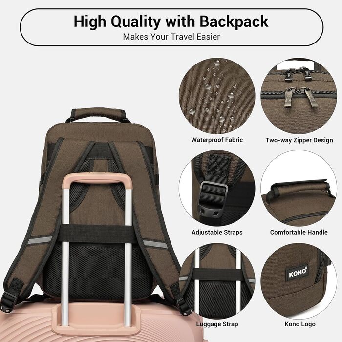 Кабінний рюкзак Kono 40x20x25 см для Ryanair, 20L, мінімалістичний, коричневий