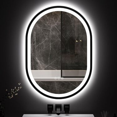 Круглий LED-дзеркало для ванної кімнати ChillCruiser 50 см з чорною рамою, антизапар, 3 кольори, функція Memory