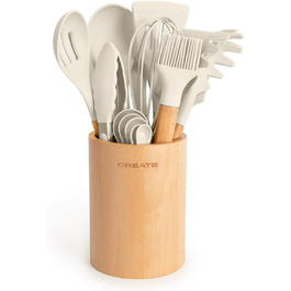 Набір кухонного приладдя 11 предметів, кремово-білий та дерево, силікон та букове дерево, BPA-free, стійкий до тепла до 230°C