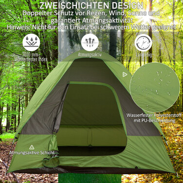 Автомобільний намет Outsunny Camping Tent на 4-5 осіб, 300 x 300 x 230 см, виготовлений зі скловолокна та поліестеру, зелений, ідеально підходить для пригод на свіжому повітрі