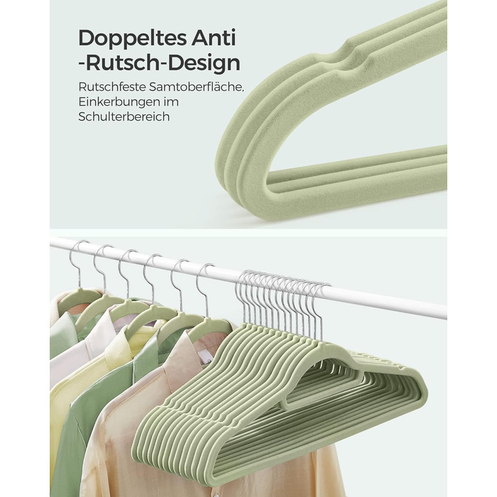 Плечики SONGMICS для одягу, велюрові, 20 шт., антиковзаючі, для краваток, 360° обертання, 0,6 см, економія місця, 43,5 см, для пальто, штанів, срібно-світло-зелені