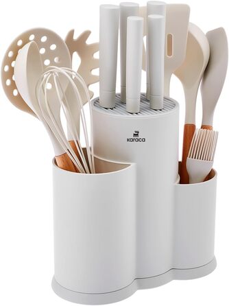 Набір ножів Karaca Gusto 12 шт. з дощечкою та кухонними аксесуарами. Ножі з нержавіючої сталі, ергономічні ручки. Колір: кремовий