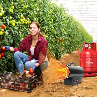 Газовий нагрівач для приміщень Ikodm (15 кВт), 220V, 320 м³/год, з газовим шлангом 1,2м та редуктором тиску 700 мбар