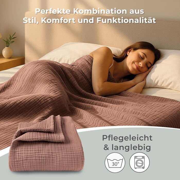 Плед LAYNENBURG Premium з мусліну, 100% бавовна, 150x200 см, мокко | Легка літня ковдра, плед для дивана, тепла софа-ковдра