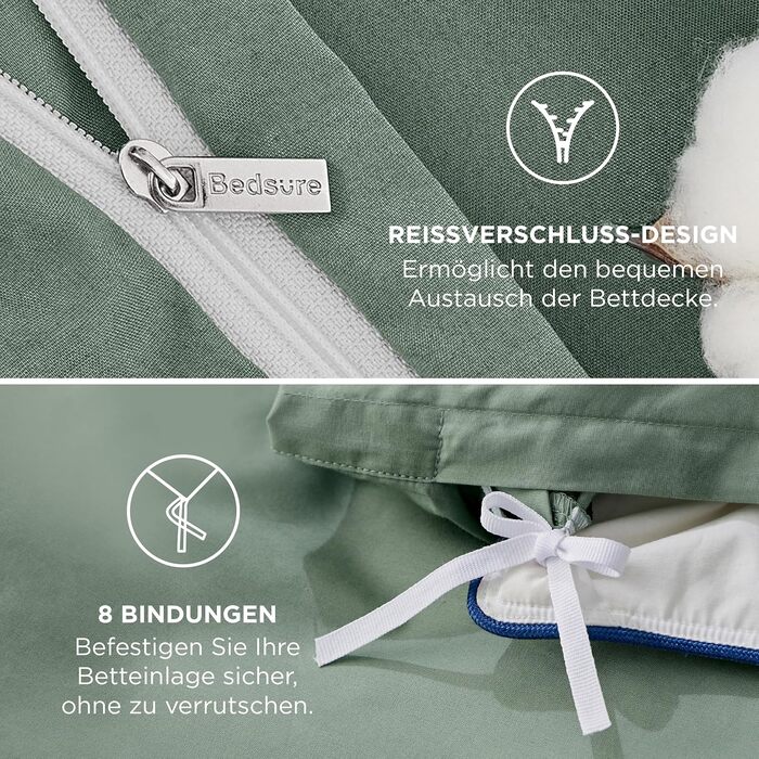 BEDSURE Комплект постільної білизни 135x200, бавовна, 4 частини - зелений колір, комплект з 2 наволочок 80x80 см, Oeko-TEX, застібка на блискавку