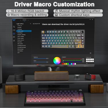 Механічна клавіатура AULA F75 PRO для геймінгу: 2.4GHz/Type-C/BT5.0, Hot-Swap, бездротова, 75%, QWERTY (сірий/чорний рожевий)