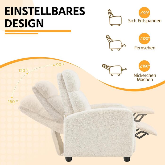 Крісло-релакс Yaheetech з регульованою підніжкою, крісло для телевізора, крісло-ліжак з тканини Boucle, колір слонова кістка
