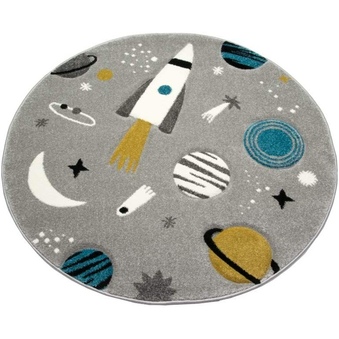 Дитячий килим з мериноса, килим для вивчення космосу із зображенням зірок і планет космічного корабля сірого кольору розмір 120 см круглий
